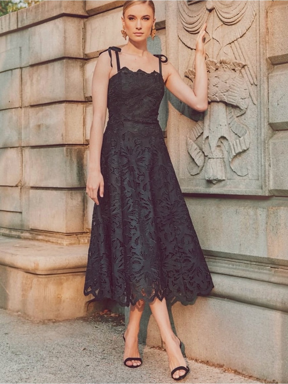 Mestiza New York Cataleya Women’s Scalloped Black Lace Cocktail Midi Dress NEW